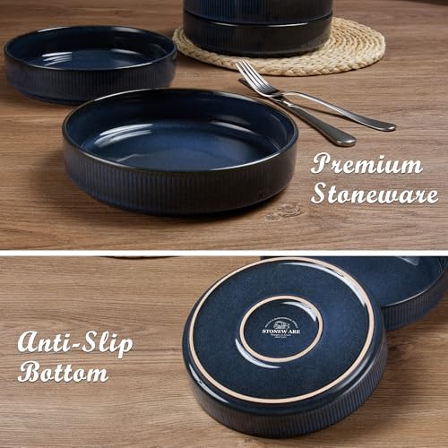 E-far Pasta Bowls Set of 4, 35oz Large Salad Bowl Plate for Dinner Serving, Wide & Shallow Ceramic Stoneware Pasta Plates, Microwave & Dishwasher Safe, Reactive Glaze Textured Stripes, Dark Blue - Image 5