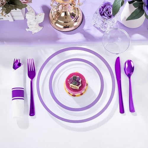 I00000 210 Pcs Clear Purple Plastic Plates, Fancy Disposable Dinnerware Set - Image 5