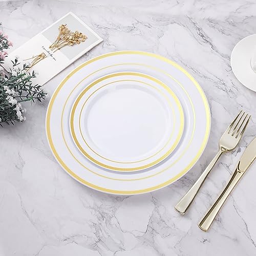 BESTVIP 200PCS Gold Plastic Plate, Disposable Party Plates with 100 Dinner Plates and 100 Dessert Plates, Plastic Plates for Party, Wedding and Birthday (Pack of 2) - Image 5