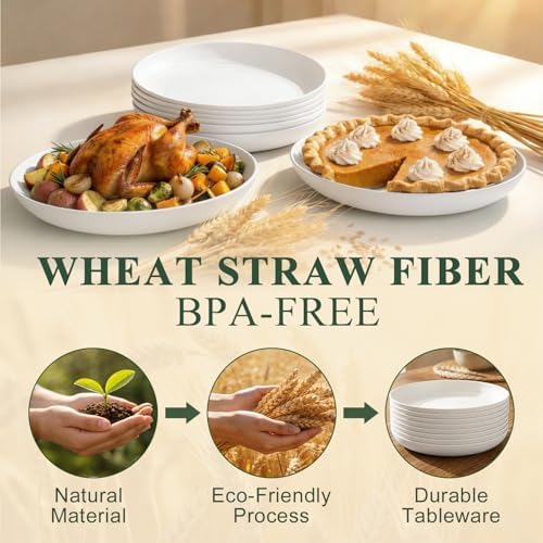Wheat Straw Plates 11 Inch, Unbreakable & Reusable Plastic Plates Set of 8, Large Dinner Plates for Main Course, Microwavable Plates for Full Dinner, Holiday Feasts - White - Image 3