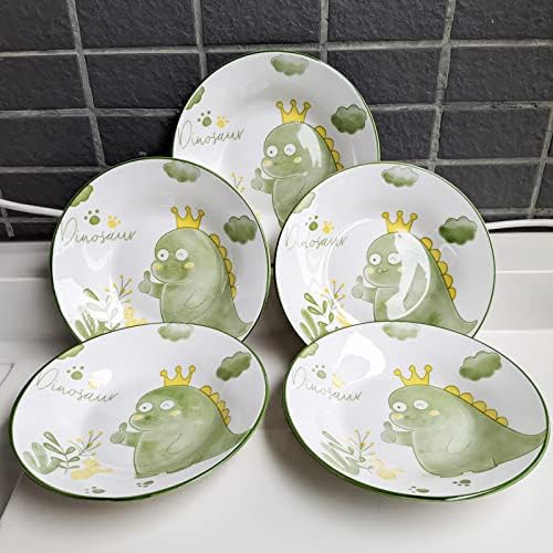 Set of 5 Porcelain Plates with Dinosaur Pattern, 7 inch Large Dessert Salad Ceramic Dinner Plates, Serving Pasta Dishes for Steak, Pasta, Pizza, Appetizer (Dishwasher & Microwave Safe) - Image 3