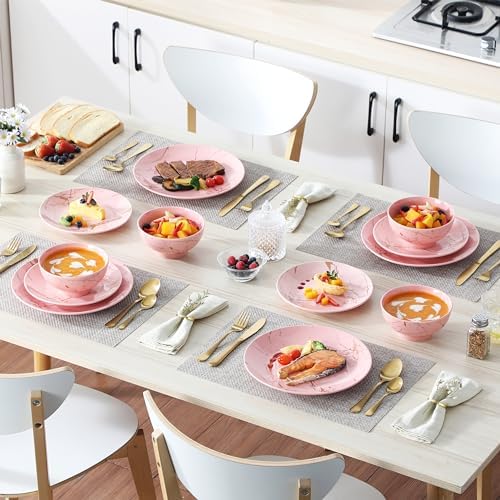 LOVECASA Pink Dinnerware Sets for 4, 12 Piece Porcelain Plates and Bowls Sets, Gold Splash Dish Set, Modern Ceramic Dinner Set, Dishwasher Microwave Safe - Image 6