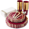 Burgundy & Gold Disposable Dinnerware Set Serves 25 People, 175 Pc Heavy Duty Plastic Plates, Cups, Gold Cutlery & Napkins, Elegant Wedding Dinnerware for Thanksgiving, Christmas & Parties by PREM-QUAL