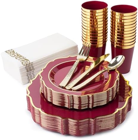 Burgundy & Gold Disposable Dinnerware Set Serves 25 People, 175 Pc Heavy Duty Plastic Plates, Cups, Gold Cutlery & Napkins, Elegant Wedding Dinnerware for Thanksgiving, Christmas & Parties by PREM-QUAL