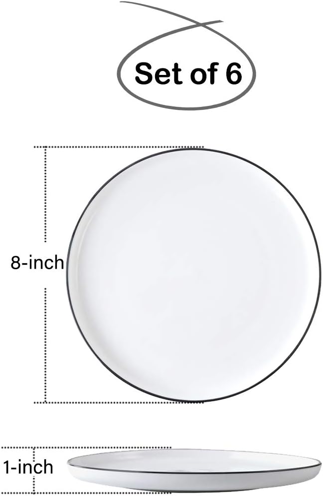 BonNoces 8 Inch Porcelain Lunch Plates, White with Black Edges Dessert Plate, Classic Round Serving Plate for Steak, Pasta and Salad, Set of 6