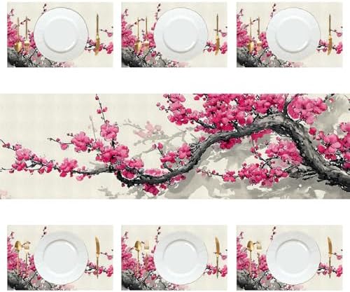 ANNA QUEEN Floral Table Runner and Placemats Set of 6 – 13"x72" Table Runner & 12"x18" Placemats, Cherry Blossom Ink Style Elegant Zen Dining Decor - Image 3
