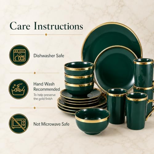 Green and Gold Dinnerware Set for 4, 16-Piece Porcelain - Image 6