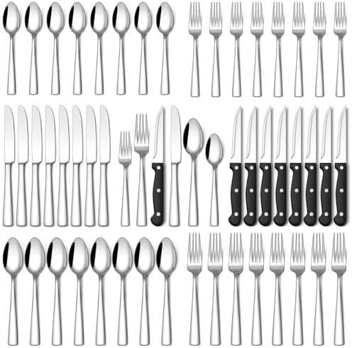 Stapava 48-Piece Silverware Set with Steak Knives, Food-Grade Stainless Steel Flatware Set for 8 Mirror Polished Cutlery Utensil Sets Include Dinner Knives Spoons and Forks Set Dishwasher Safe by StapavaSilverwareSet
