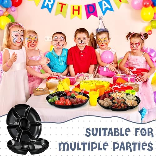 Zhehao 6 Pcs Plastic Divided Serving Trays with 60 Pcs Disposable Fork, 7 Compartments Round Chip Dip Plate, Petal Shape Platter, 10.6'' Snacks Serving Dish for Party Candy Nuts Fruits (Black) - Image 4