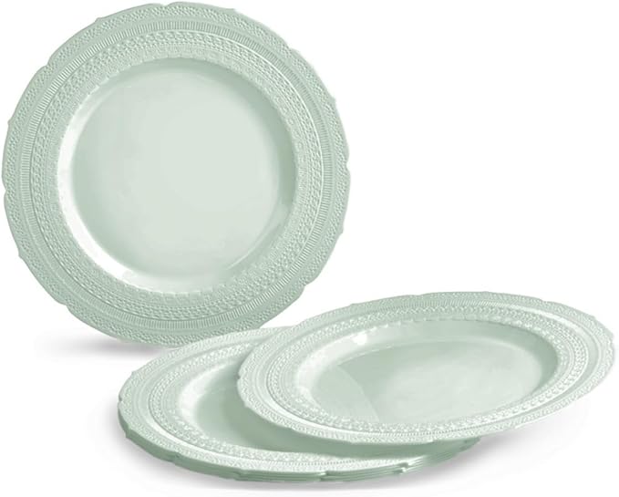 " OCCASIONS " 200pcs set (25 Guests)-Extra Heavyweight Vintage Wedding Disposable/Reusable Plastic Plates -25x 11'' + 25x 8.25''+Silverware+Cups+Napkins (Chateau in Mint)