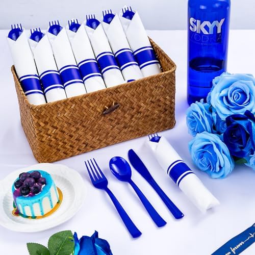 400PCS Pre Rolled Blue Plastic Silverware Set Heavy Duty for Wedding - Image 3