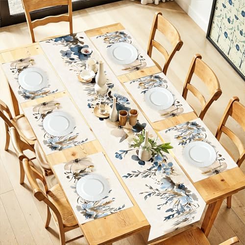 ANNA QUEEN Blue Floral Table Runner and Placemats Set of 6, 13"x72" Table Runner with 12"x18" Placemats, Rustic Linen Style Dining Set for Farmhouse, Kitchen, Everyday Decor by ANNAQUEEN