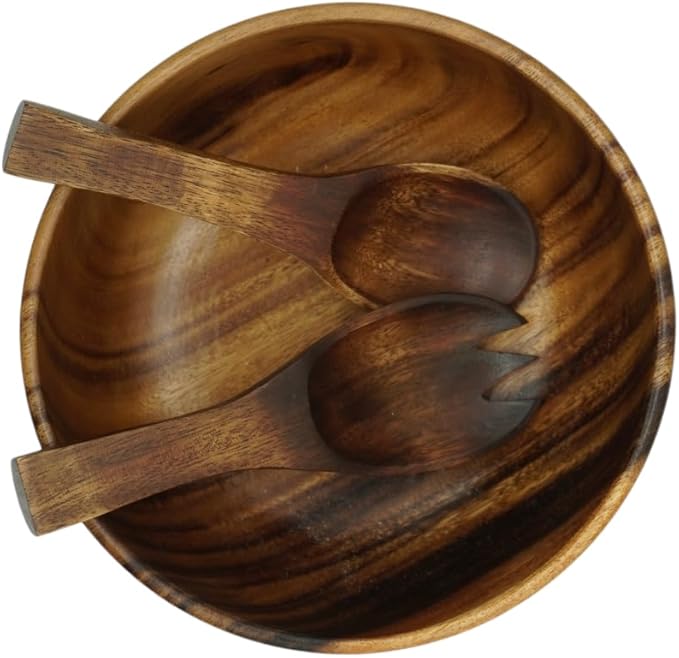 Acacia Wooden Salad Bowl Set – 9” Round Handcrafted Bowl with 2 Wood Servers, Rustic Durable Serveware for Salads, Fruit, Snacks & Everyday Dining, Gift-Ready Set of 3