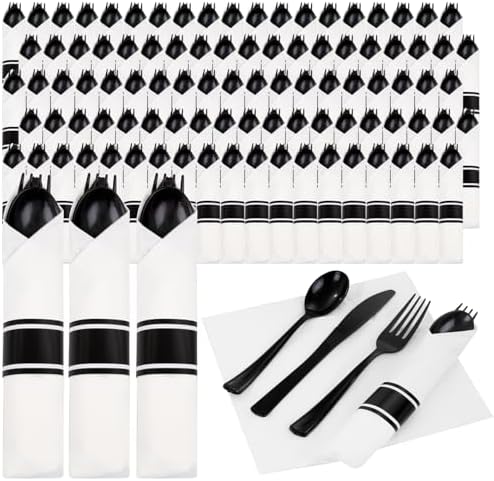 Supernal 120pack Pre Rolled Black Plastic Silverware Set Disposable by supernal