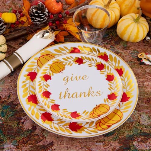 Rubtlamp 175Pcs Thanksgiving Plastic Plates, Gold Disposable Plates With Red Wreath, Fall Party Plates Include 75Gold Plastic Cutlery with Pre Rolled Napkins,25Dinner Platos, 25Salad Platos, 25 Cups - Image 3