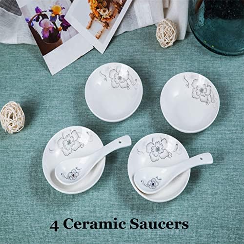 4 Pack Saucer Dishes with Flower Pattern, Ceramic Dipping Bowls, 4 Inch Side Dishes Sauce Dishes for Sushi Sauce Snack, Porcelain Seasoning Dishes Appetizer Plates, Snack Serving Dishes - Image 7