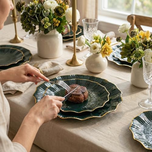 Rubtlamp Heavyduty 60Pcs Green Plastic Plates - Green Scalloped Plates with Gold Trim - 30 Gold Dinner & 30 Dessert Platos, Fancy Disposable Plates for Party&Wedding (30 Guests) - Image 7