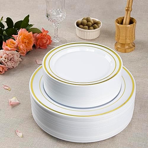 SETUP Case of 300 White Gold Rimmed Plastic Plates - Premium Heavy-Duty Disposable Plates for Wedding and Party, 150 10.25" Dinner and 150 7.5" Salad Plates - Image 5