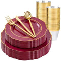 Liacere 150Pcs Burgundy Red Plastic Plates-Red Gold Disposable Plates-Red and Gold Rim Disposable Plastic Dinnerware 50Plates,25Pack Silverware and 25Cups for Wedding/Party/Halloween/Christmas by Liacere