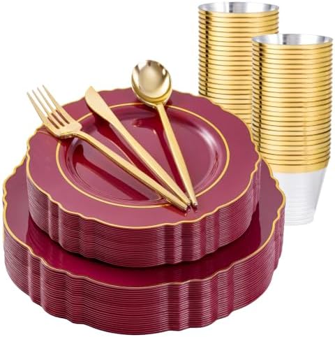 Liacere 150Pcs Burgundy Red Plastic Plates-Red Gold Disposable Plates-Red and Gold Rim Disposable Plastic Dinnerware 50Plates,25Pack Silverware and 25Cups for Wedding/Party/Halloween/Christmas by Liacere