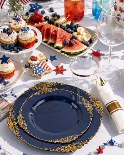 Nervure 175Pcs Blue Plastic Plates, Disposable Dinnerware Set for 25 Guests - Image 5