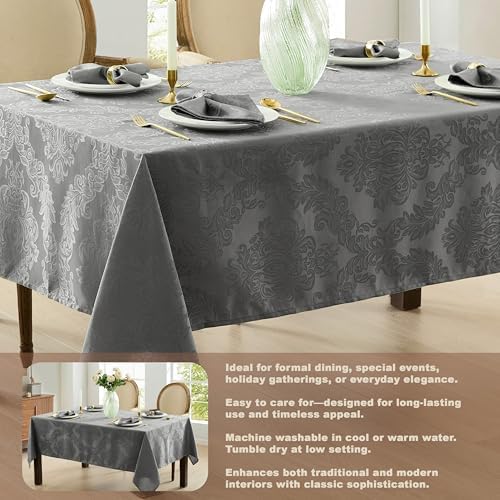 Newbridge Barcelona Damask Fabric Tablecloth, 60 x 84 Inch Rectangle, Grey – No Iron, Soil Resistant Table Cover for Dining, Parties and Holidays - Image 4