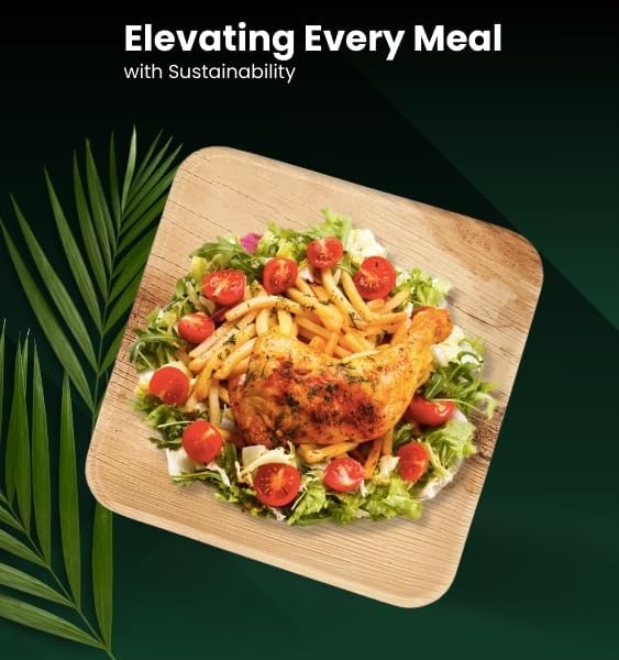 8 Inch Disposable Square Palm Leaf Plates. Eco Friendly Party Plates. Heavy Duty Party, Catering Plates. 100% Compostable & Biodegradable than Bamboo, Wood, Paper, or Plastic (Pack of 25)