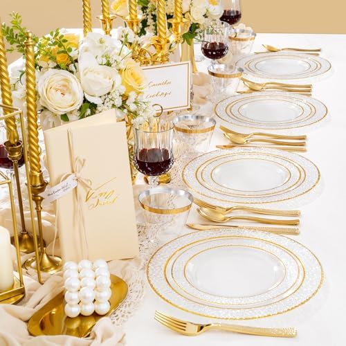 Ciaell 150PCS Clear Gold Plastic Plates - Disposable Gold Rim Plates include 25Dinner Plate, 25Dessert Plate, 25Forks, 25Knives, 25Spoons, 25Cups for Wedding & Party (Pack of 2) - Image 6