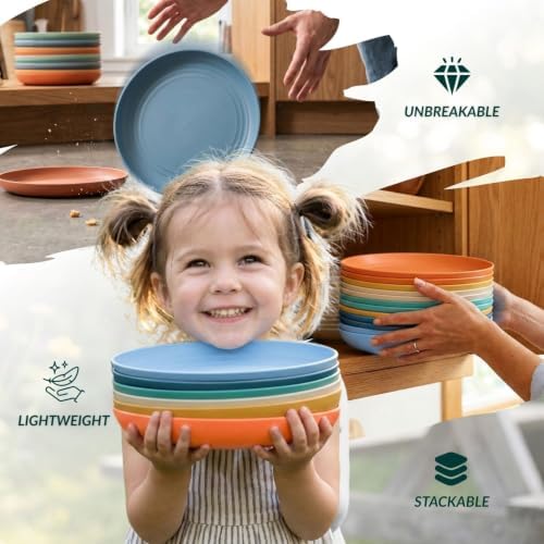 Homienly Wheat Straw Deep Plates Set of 12 Large Salad Plates 10 Inch Lightweight & Unbreakable Plastic Plates Microwave & Dishwasher Safe Plates for Bread & Butter, Party, Camping (Multi) - Image 6