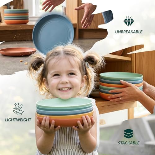 Homienly 12 PCS Unbreakable Wheat Straw Plates 9 Inch Reusable Plastic Plates for Kitchen Lightweight Camping Plates for Dessert, Bread & Butter Microwave & Dishwasher Safe Plates (Vibrant Colors) - Image 6