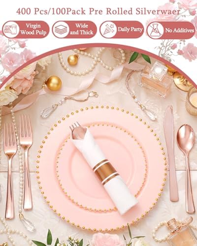 Supernal 60 Pack Rose Gold Plastic Silverware Cutlery Set with Napkin - Image 4