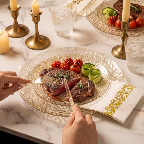 Rubtlamp 175 Pcs Gold Glitter Plastic Plates, Hammered Disposable Plates Set (25 Guests), Glitter Dinnerware Set Include 50 Plastic Plates, 75 Glitter Silverware, 25 Cups And 25 Napkins for Party - Image 5