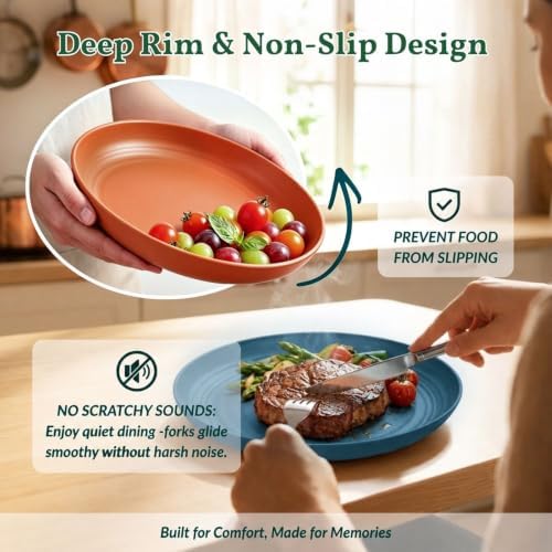 Homienly Wheat Straw Deep Plates Set of 12 Large Salad Plates 10 Inch Lightweight & Unbreakable Plastic Plates Microwave & Dishwasher Safe Plates for Bread & Butter, Party, Camping (Multi) - Image 4