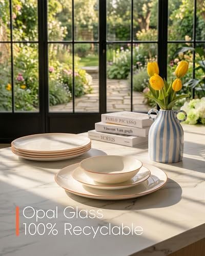 LaGlint 10.5 Inch Dinner Plate Set of 6, Orange Rim Opal Glass Plates - Image 3