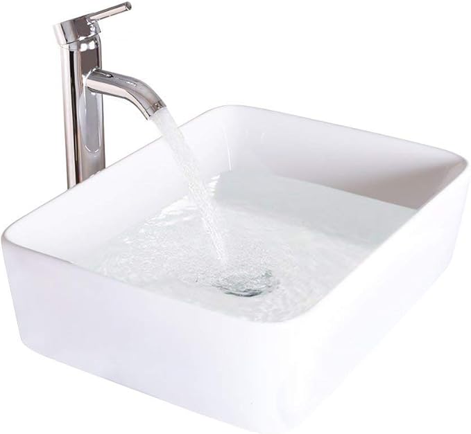 eclife Bathroom Ceramic Sink Bowl Classic White Rectangle Porcelain Vessel Sink and Faucet Combo for Bathroom Countertop Bowl Sink & Chrome Pop Up Drain (T03)