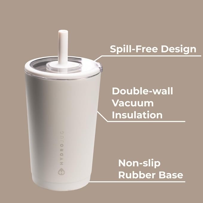 HydroJug Everyday Tumbler 14 oz – Ceramic-Lined Insulated Tumbler with Straw and Soft-Touch Lid, Cup Holder Friendly, Double-Wall Vacuum Insulation, Reusable Travel Cup – Linen
