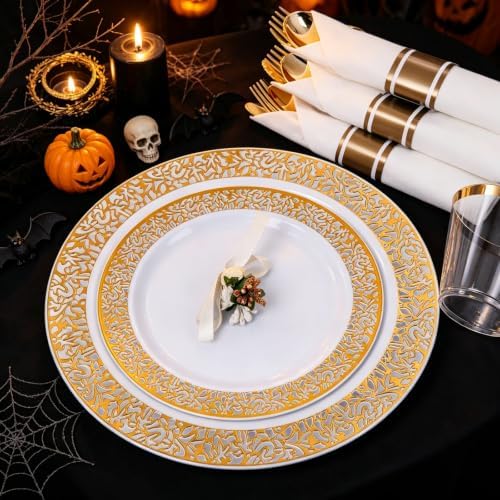 WELLIFE 175Pcs Gold Dinnerware Sets, Include:25 Dinner Plates, 25 Dessert Plates, 25 Paper Napkins, 25 Cups, 25 Plastic Cutlery Set - Image 4