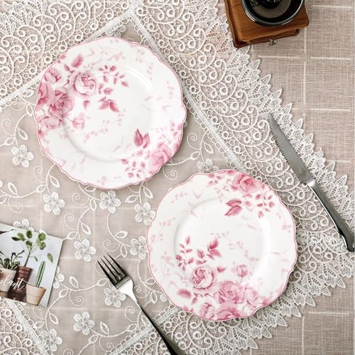 fanquare 8.5 Inch Pink Floral Porcelain Dessert Plate Sets of 4 - Image 5
