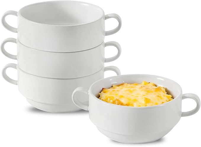 Soup Bowls, 22 oz French Onion Soup Bowls with Handles, Stackable Ceramic Bowls Set of 4, Dinner Bowls for Chili, Beef Stew, Soup, Cereal, Oven Microwave Dishwasher Safe, Matte White