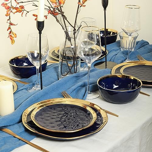Stone Lain Porcelain 16 Piece Dinnerware Set, Service for 4, Blue and Golden Rim, Dark Blue - Image 4