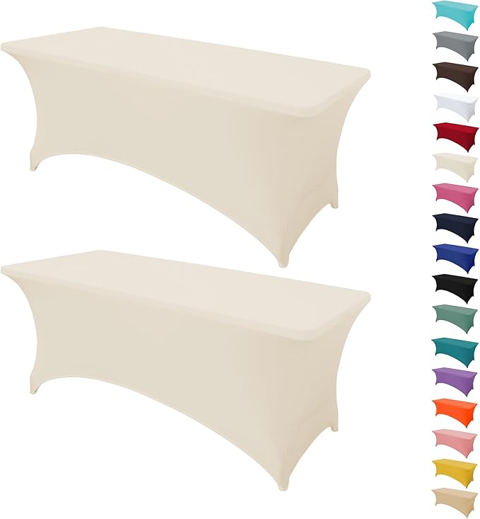 2Pack 6FT Table Cloth for Rectangular Fitted Events Stretch Cream Table Covers Washable Spandex Tablecloth Protector for Party, Wedding, Cocktail, Banquet, Festival