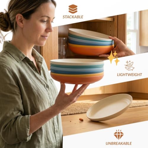 Homienly Wheat Straw Plates Unbreakable Deep Plates Set of 6 Microwave and Dishwasher Safe Bread & Butter Plates for Salad, Dinner Reuable Plastic Plates for Kitchen, Camping, RV (9 Inch, Multi) - Image 6