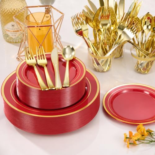 600 Pcs Red Plastic Dinnerware Set with Gold Trim for 100 Guests,200 Red Plastic Plates with Gold Trim, 200 Forks, 100 Spoons, 100 Knives for Party, Wedding, Birthday & Christmas - Image 6