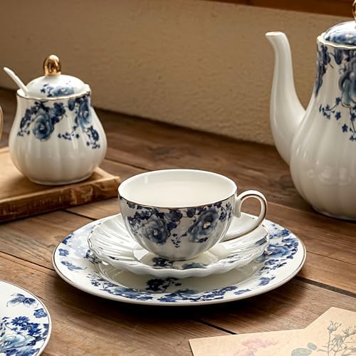 Agyiuns Porcelain Floral Plates, 8in Set of 4 Round Small Appetizer Dessert Plates for dessert，bread (Blue flowers) - Image 5