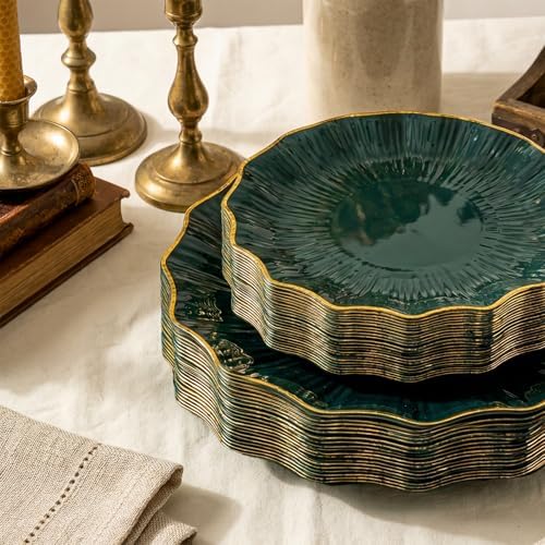 Rubtlamp Heavyduty 60Pcs Green Plastic Plates - Green Scalloped Plates with Gold Trim - 30 Gold Dinner & 30 Dessert Platos, Fancy Disposable Plates for Party&Wedding (30 Guests) - Image 4