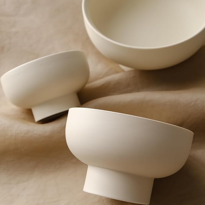 WENSHUO High-foot Deep Fruit Bowl, Ceramic Pedestal Decorative Bowl, Round Bowl for Salad, Small Size (Matte Crème, 6.7")