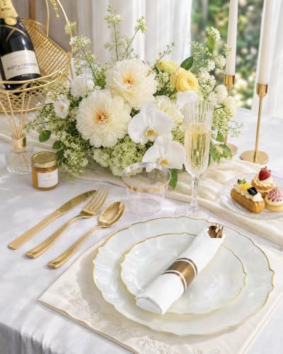 bUCLA 175PCS Ivory Plastic Plates - Gold Rim 25 Guests for Party, Wedding - Image 4
