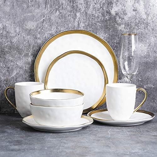 Stone Lain Modern Poreclain 16 Piece Dinnerware Set, Plates and Bowls Set, Dish set for 4, White And Golden Rim - Image 3