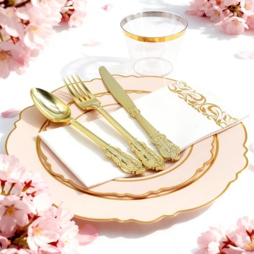 AIRE Pink Gold Plastic Plates Set, 350PCS Disposable Tableware for 50 - Image 3