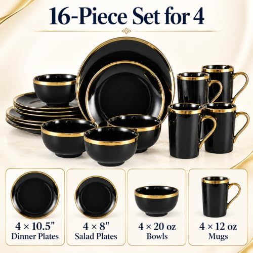 Black and Gold Dinnerware Set for 4, 16-Piece Porcelain - Image 2